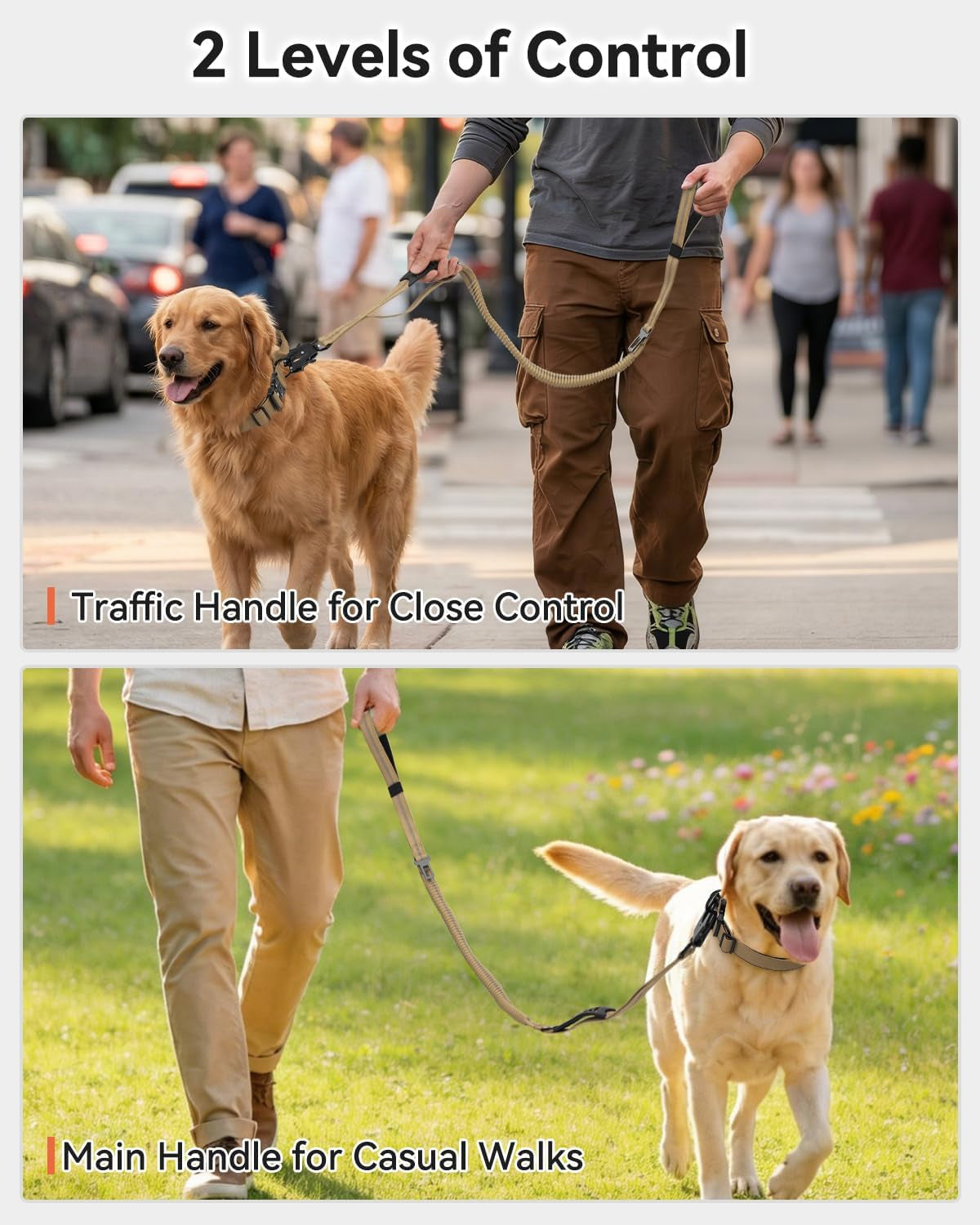 joytale-tactical-bungee-dog-leash-shock-absorbing-no-pull-coyote-brown-for-large-dogs-that-pull-2-padded-handles-for-control-car-seatbelt-clip-reflective-for-night-safety-metal-frog-clip