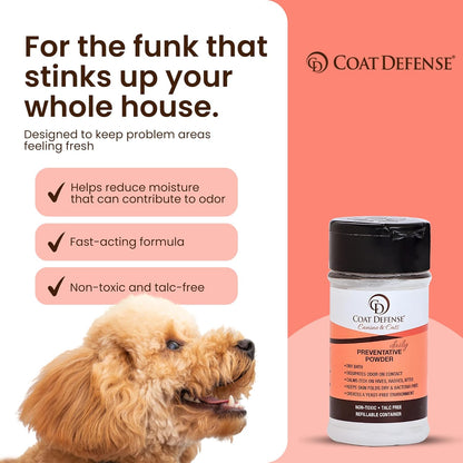 COAT DEFENSE Daily Preventative Powder | Made in USA | 3.5Oz Waterless Dog Shampoo & Pet Deodorizer for Smelly Dogs | Provides anti Itch Relief | Dog Dry Shampoo for Dry Itchy Skin4