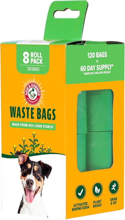 Arm & Hammer Dog Poop Leakproof Plant Based 120 Count Waste Bags, Unscented, Made from 40% Corn Starch with Activated Baking Soda, Pack of 8, Green4
