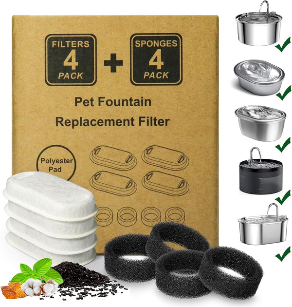 Cat Water Fountain Filter 16Pcs Fit 101Oz/3L Stainless Steel Pet Fountain | Cat Fountain Replacement Filters for 67Oz/2L, 108Oz/3.2L Cat Water Fountains Pet Fountain Filters (8 Filters & 8 Sponges)8