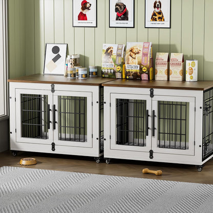 Medium Dog Crate Furniture, 32'' Heavy Duty Kennel W/Cushion & Wheels | Grey, Double Doors, Wooden Dog Cage, Chew-Resistant, End Table, Decorative, 27"/32"/38"/44" Options, Indoor24