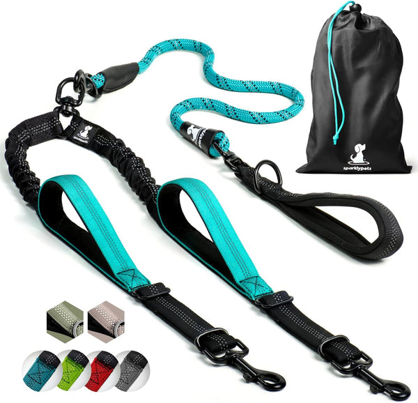 Sparklypets Double Dog Leash for 2 Dogs – Rope Bungee Dual Leash for Medium and Large Breeds with Padded Handles & Tangle Free (Teal, Medium/Large)1