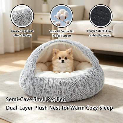 Cat Cave for Indoor Cats,Fluffy Hooded Enclosed Pet Bed for Small Dogs | 24 Inch Washable Dog Bed for Puppy and Kitten with Anti-Slip Bottom,Anti Anxiety,Light Grey2