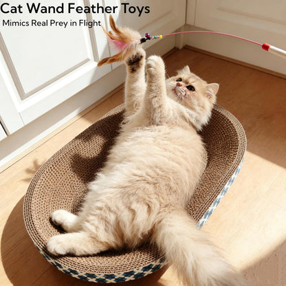 Cat Scratcher Bed with Toys, 4 Pack Oval Cat Scratcher Cardboard, Indoor Cat Scratch Bowl, Large Pad Cat Scratching Board with Catnip Fish Toy & Feather Wand for Furniture Protector L(17.5"X12.6"X3")5
