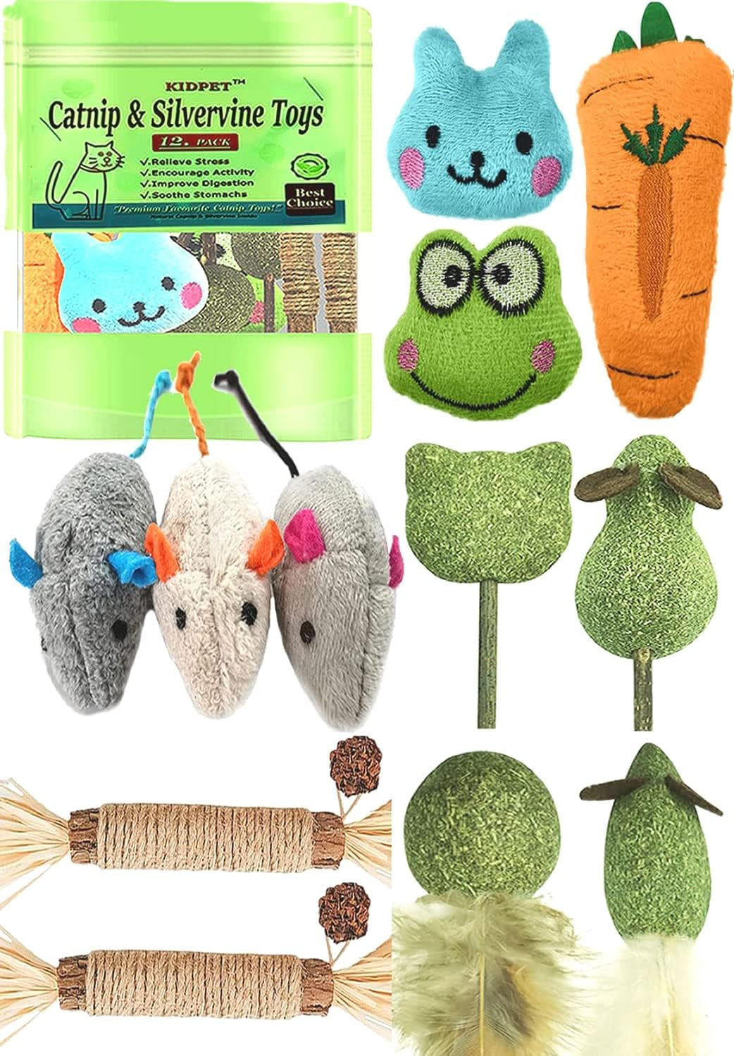 12-pack-catnip-toys-for-cats-silvervine-sticks-catnip-balls-cat-nip-mice-kicker-toys-silver-vine-organic-chew-toys-kitten-teething-toy-interactive-enrichment-green