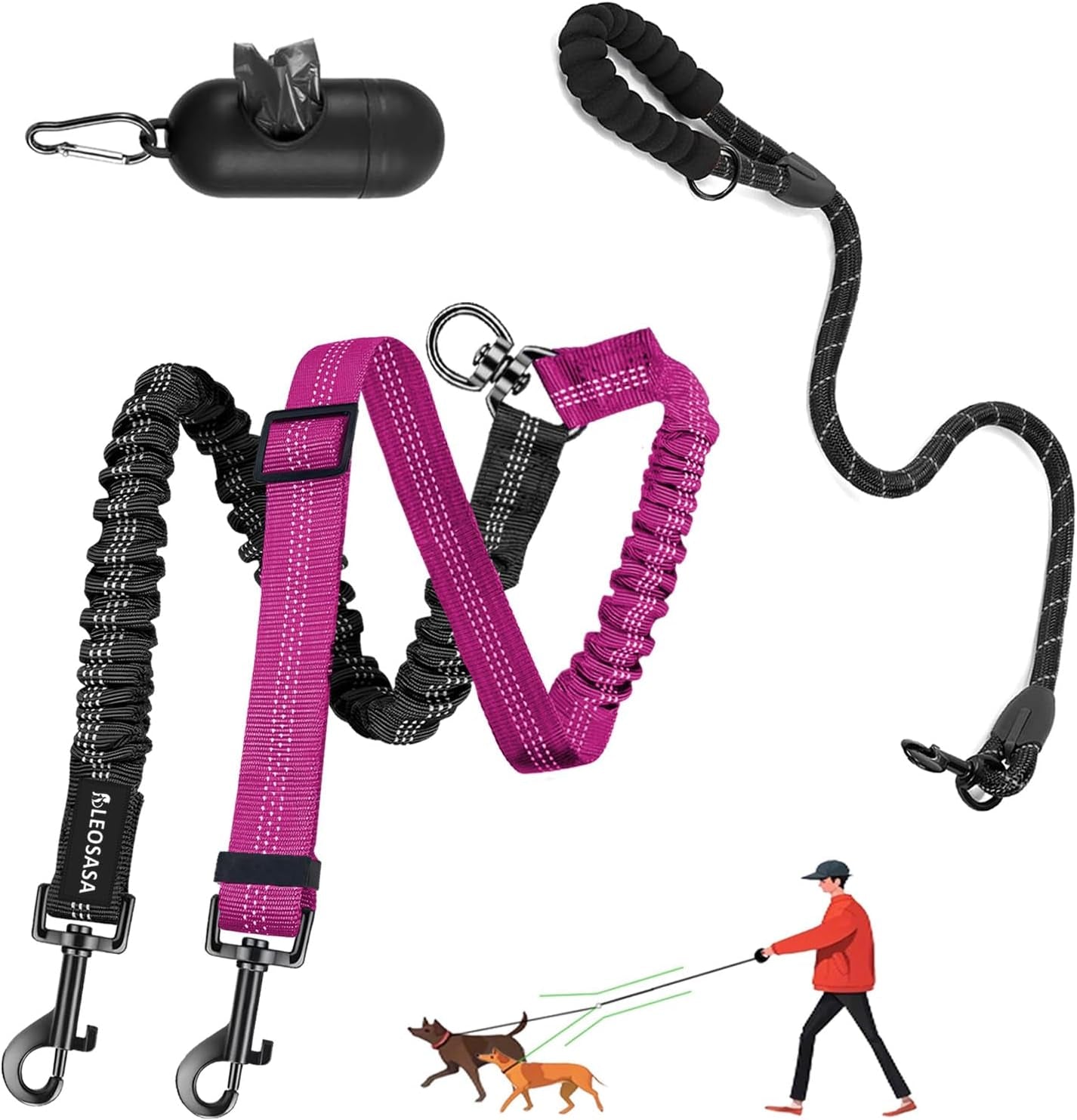 double-dog-leash-360-swivel-tangle-free-splitter-attachment-2-dogs-multi-functional-leashes-dual-rope-for-outdoor-walk-train-small-medium-large-two-pet-pink