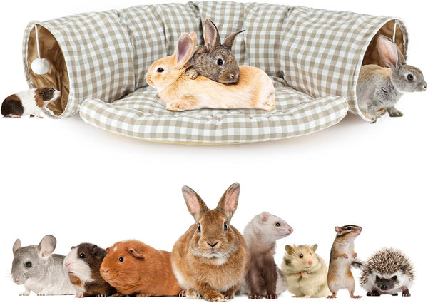 BWOGUE Bunny Tunnel Bed, 2-In-1 Collapsible Rabbit Tunnel Hideout with Mat | Removable Mat for Washing, Ball Toy for Play, Tunnel Tubes for Hiding, Soft Suede Fabric, Cats Rabbits Guinea Pigs1