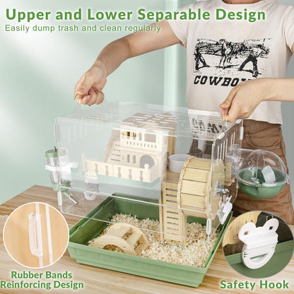 Cycodo 8 in 1 Acrylic Hamster Cage,2-Tier Dwarf Hamster Cage with Wooden Wheel & Hideout,Small Hamster Habitat with Accessories,Clear Pet Mice House(Green,14" L*10" W*11" H)5