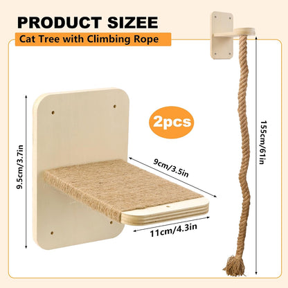 Cat Wall Shelves with 2 X 60 Inch Climbing Rope, Wall Mounted Cat Tree | with Scratching Post Kitten Rope Ladder with Jumping Platform Wall Steps for Playing and Rest2