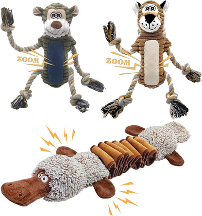 BUYPOW Funny Plush Dog Chew Toys, Squeaky Dog Toys, Interactive Tug of War Puppy Toys, Stuffed Dog Toys for Small, Medium and Large Dogs - Monkey8
