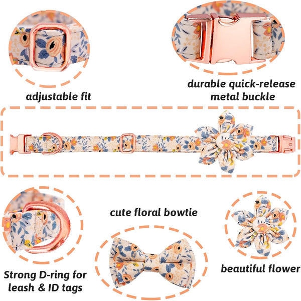 Dog Collar and Leash Set Girls Adjustable Puppy Collars with Floral Bow Tie for Small Medium Large Female Dogs, Orange Flower, S2