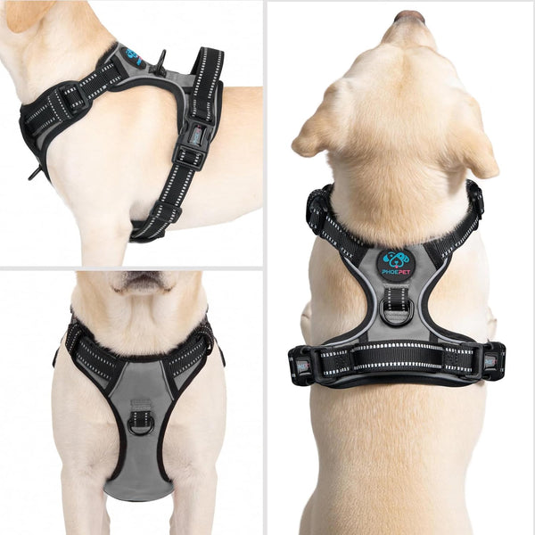 PHOEPET No Pull Dog Harness Medium Reflective Front Clip Vest with Handle, Adjustable 2 Metal Rings 2 Buckles(M, Grey)2