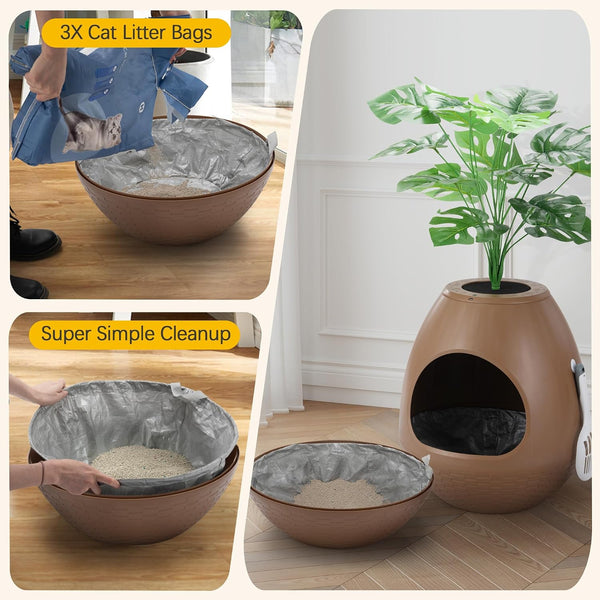 Eggloa6 Hidden Cat Litter Box with Artificial Plants ＆ Odor Removal System, Egg-Shaped Enclosure Includes Scoop ＆3PCS Liners Secret, Discreet Furniture, DIY Assembly Cat Litter Box Cabinet (Brown)4