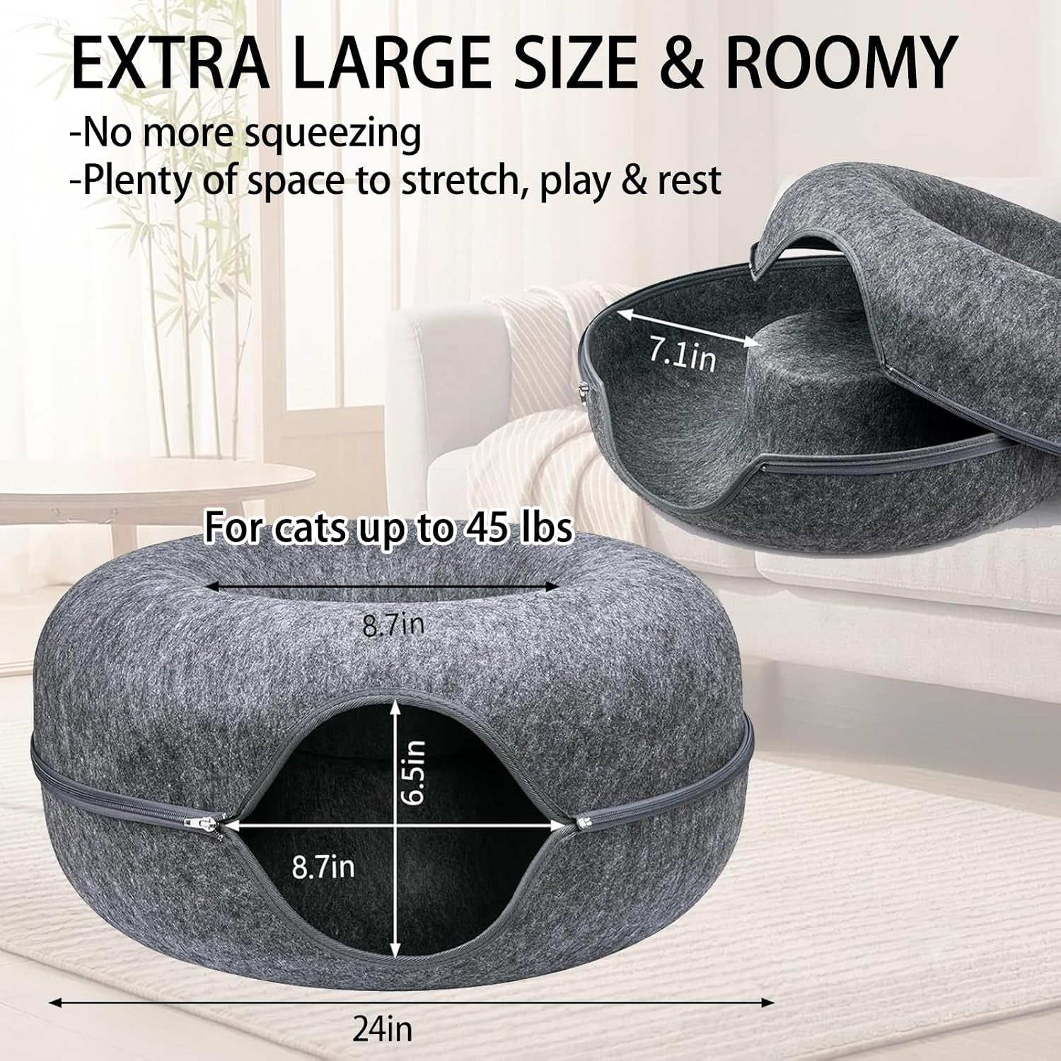 cat-tunnel-bed-for-heavy-big-cats-up-to-45-lbs-24-donut-cat-bed-for-multi-cat-home-premium-detachable-zipper-felt-anti-scratch-cat-cave-bed-roomy-non-collapsing-cat-hideaway-peekaboo-toy