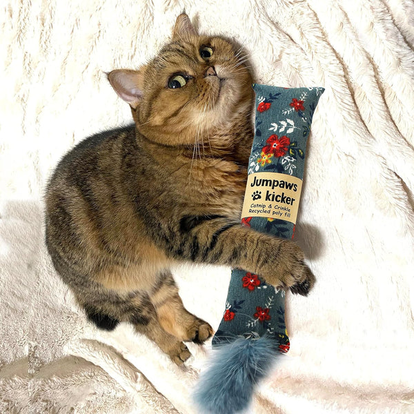 Jumpaws 2 Pack Natural Interactive Catnip & Silvervine Cat Kicker with Feathers, Bite Resistant Chew Toy, Crinkle Kicker, Accessories for Indoor Cat, Premium Corduroy Floral3