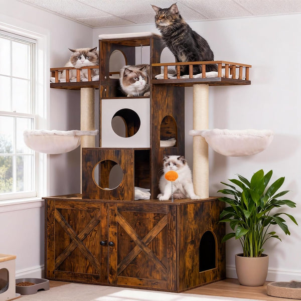 Heybly Cat Tree with Litter Box Enclosure for Indoor Big Cat, Cat Tower for Large Cats 20 Lbs Heavy Duty, Modern Cat Condo Furniture with Scratching Posts, Rustic Brown HCT110SR1