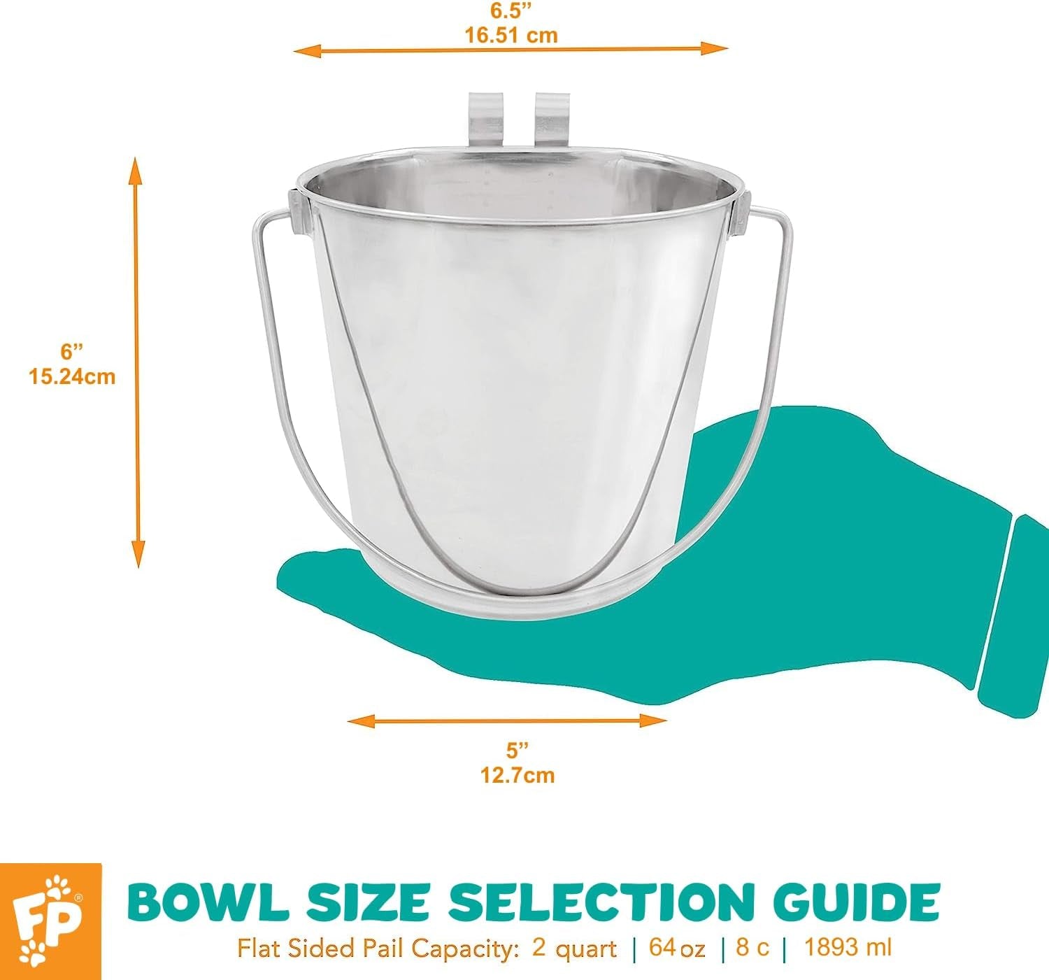 fuzzy-puppy-flat-sided-pail-with-dual-hooks-snugly-fit-on-dog-cat-and-critter-crates-cages-heavy-duty-stainless-steel-2-quart-pn-fsp-2