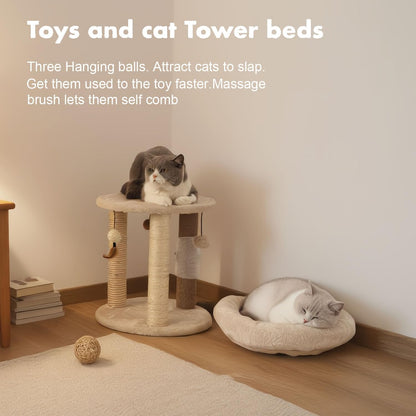 MECOOL 4In1 Small Cat Tree,Scratching Post with Tower Soft Bed, Sisal Carpet Jute Posts with Three Hanging Ball Toys and Massage Brush for Indoor Cats and Kittens7
