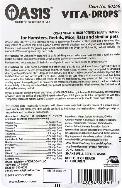 Oasis Hamster Vita-Drops All-In-1 Multivitamins - Daily Vitamin Supplement Supports Healthy Bones & Teeth, Joints & Digestion, Promotes Healthy Skin Coat, Orange Flavor, 2-Ounces2