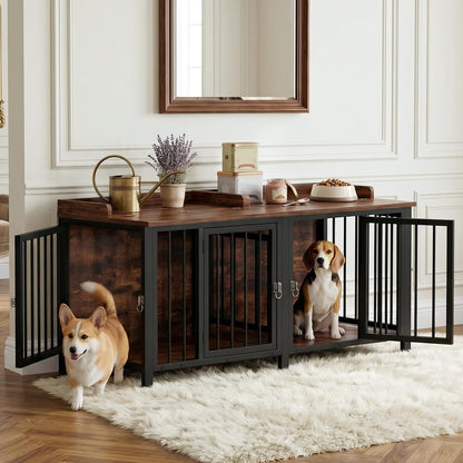 BOINN 63" Heavy Duty Dog Crate Furniture with 4 Doors, Removable Divider & Openable Top, Indoor Dog Kennel with Raised Edge Tabletop, Double Dog Cage for Medium Large Dogs, Decorative Pet Crate1