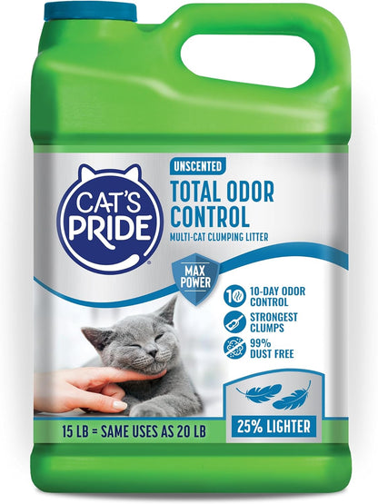 Cat'S Pride Max Power: Total Odor Control - up to 10 Days of Powerful Odor Control - Strong Clumping - Hypoallergenic - 99% Dust Free - Multi-Cat Litter, Unscented, 15 Pounds1