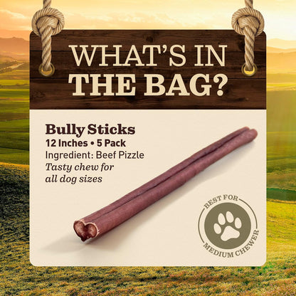 Pet Odor-Free Standard Bully Sticks (12", 5 Pack) – 100% Grass-Fed Beef Pizzle Dog Chews, Fully Digestible & Long-Lasting Dental Treats2