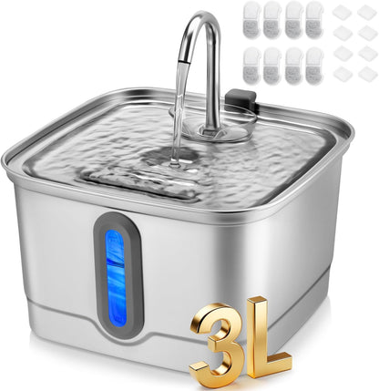 SEIRMEP Stainless Steel Cat Water Fountain, 101Oz/3L Automatic Pet Water Fountain, Dog Water Fountain with Replacement Filters for Cats, Small Dogs (8 Filters and 8 Sponges)1