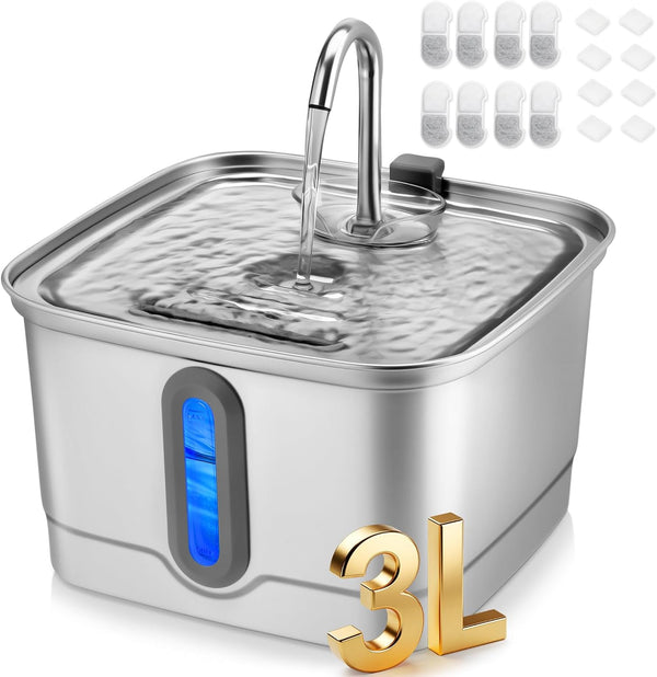 SEIRMEP Stainless Steel Cat Water Fountain, 101Oz/3L Automatic Pet Water Fountain, Dog Water Fountain with Replacement Filters for Cats, Small Dogs (8 Filters and 8 Sponges)1