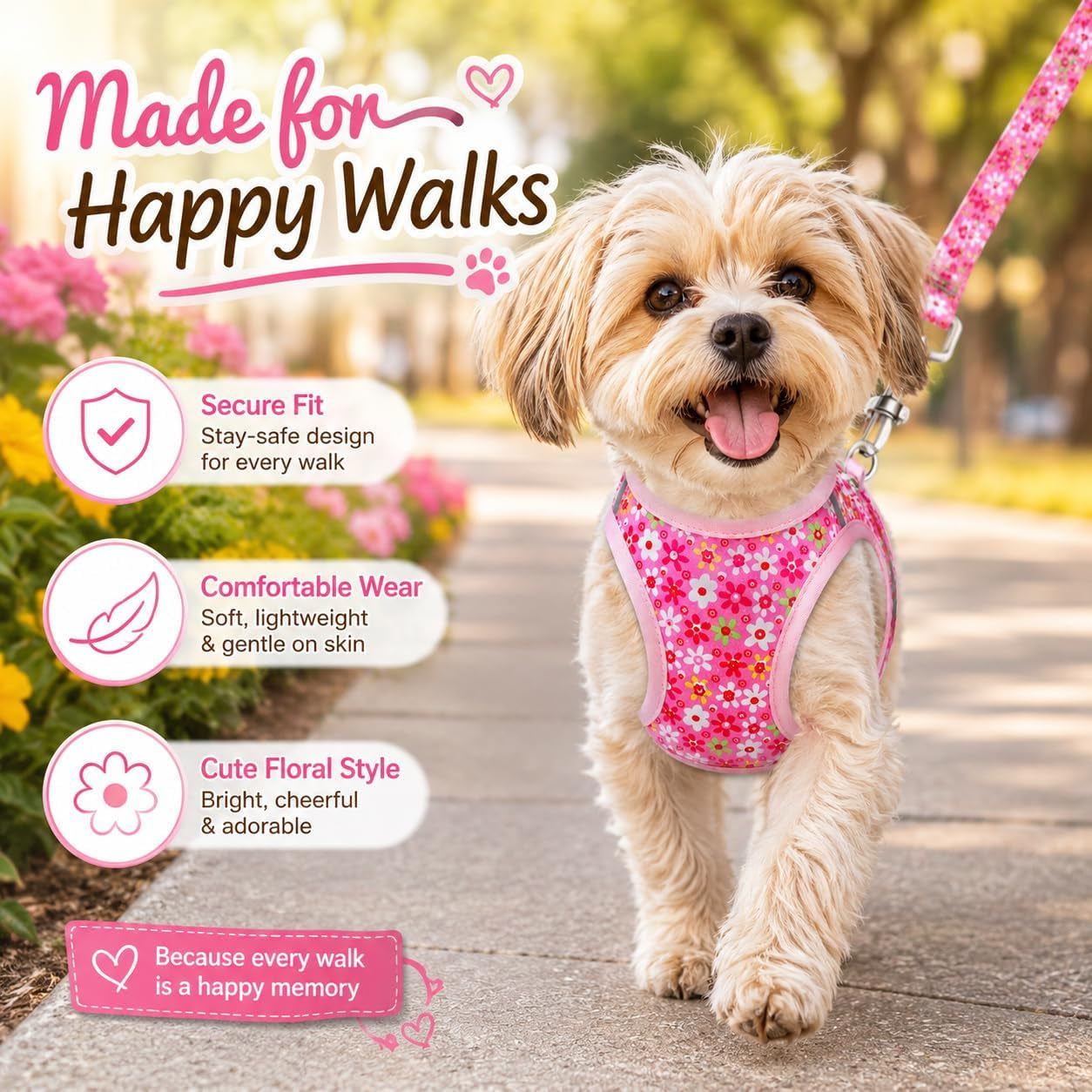 step-in-dog-harness-leash-set-all-weather-reflective-no-pull-floral-pattern-padded-mesh-vest-harness-for-cats-puppy-extra-small-small-medium-large-dogs-pink-flower-s