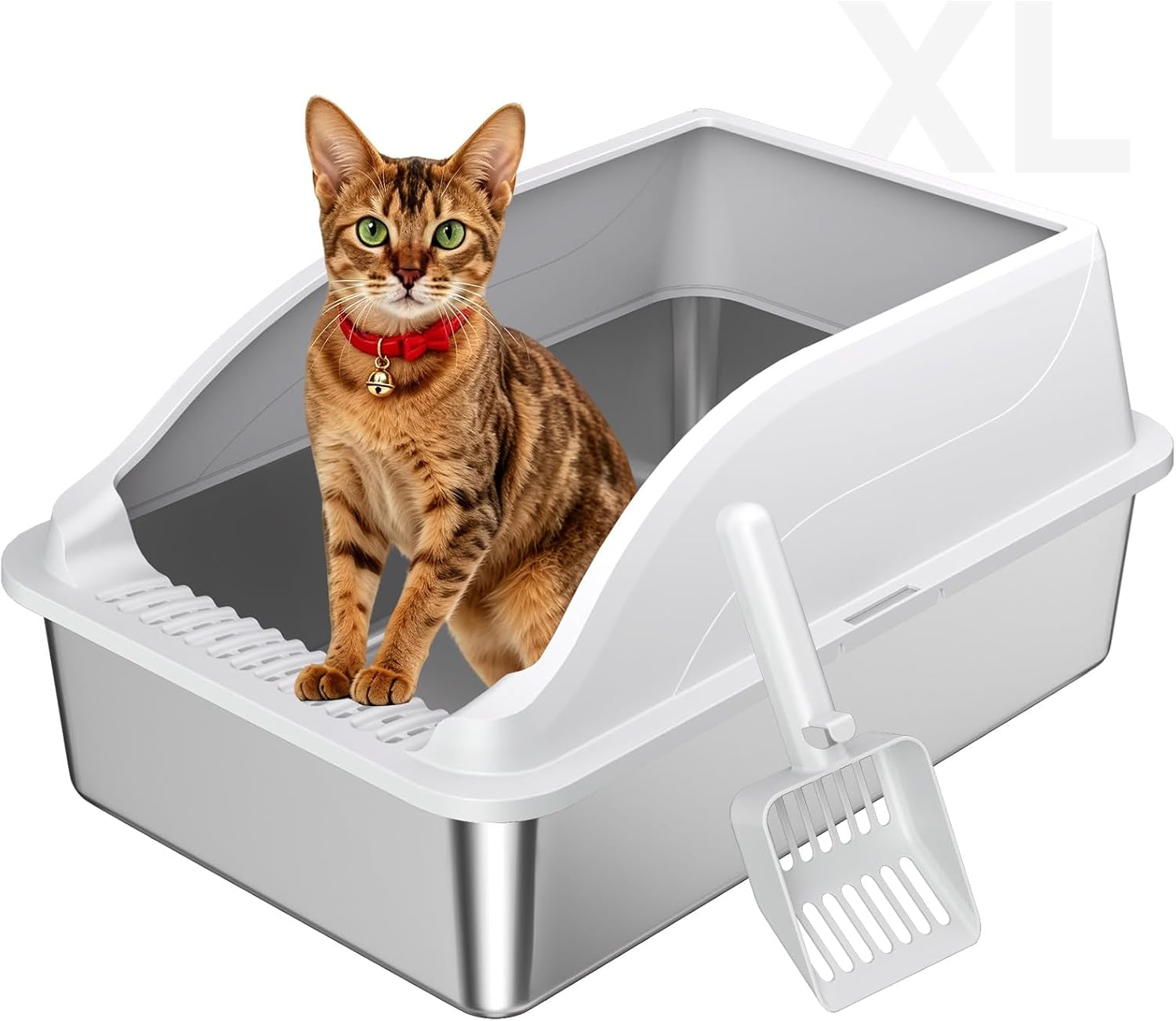 stainless-steel-litter-box-metal-litterpan-for-small-cats-odor-free-metal-litter-pan-tray-toilet-easy-clean-extra-large-leakproof-scoop-open-top-rust-proof-indoor-cats-kittens-low-entry-grey
