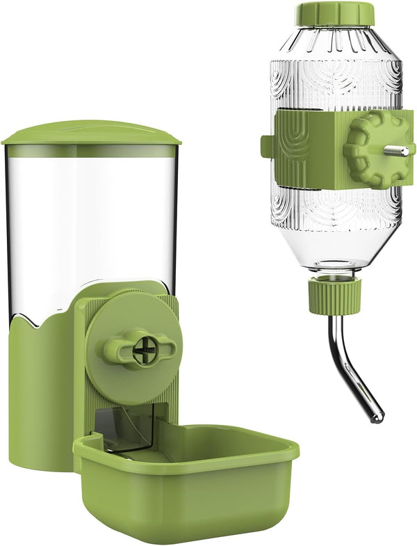 Automatic Pet Food Water Dispenser, Auto Gravity Pet Feeder Water Bottle Set for Cage, Feeding Station for Puppy Kitten Rabbit Guinea Pigs Chinchilla Ferret Hedgehog (Green)1
