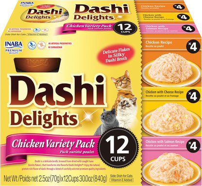 INABA Dashi Delights Lickable Cat Treats, Chicken Variety, 12Ct | Immune Support, Antioxidant Support, 88% Moisture, Shredded Chicken, Dashi Broth Side Dish, Grain-Free, 12 X 2.5 Oz Cups1