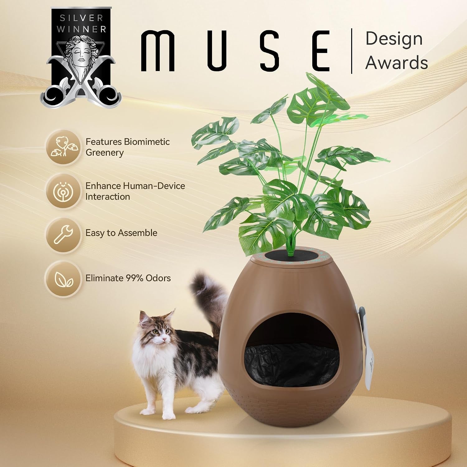 eggloa6-hidden-cat-litter-box-with-artificial-plants-odor-removal-system-egg-shaped-enclosure-includes-scoop-3pcs-liners-secret-discreet-furniture-diy-assembly-cat-litter-box-cabinet-brown