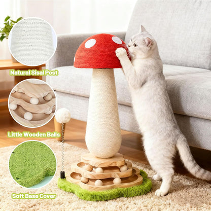 Mushroom Cat Scratching Post Cat Tree, Cute Cat Scratcher Tower with Interactive Ball Two-Layer Track Spring Ball Toys, Mushroom Scratch Post Cat Sisal Scratcher with Catnip for Indoor Cats5