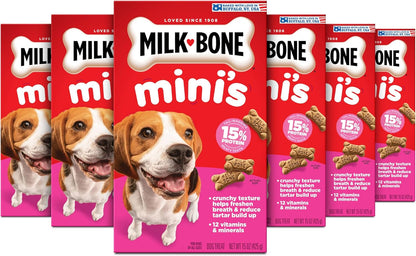Milk-Bone Mini’S Original Biscuits, Mini Dog Treats, 6 Boxes | 6 (15-Oz.) Boxes, Tail-Wagging Meaty Taste, 15% Protein, 5 Calories per Treat1