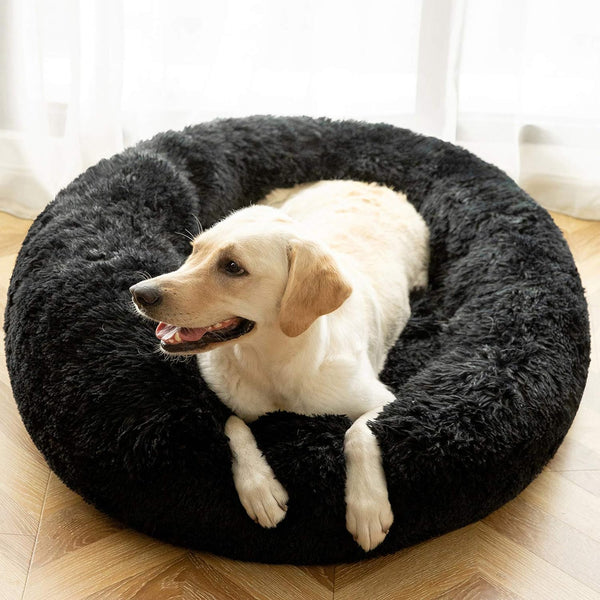 HACHIKITTY Calming Donut Cuddler Dog Bed, round Fluffy Pet Bed with Sewn-In Cushion for Large Dogs,Washable, Large, Taupe, 30''9