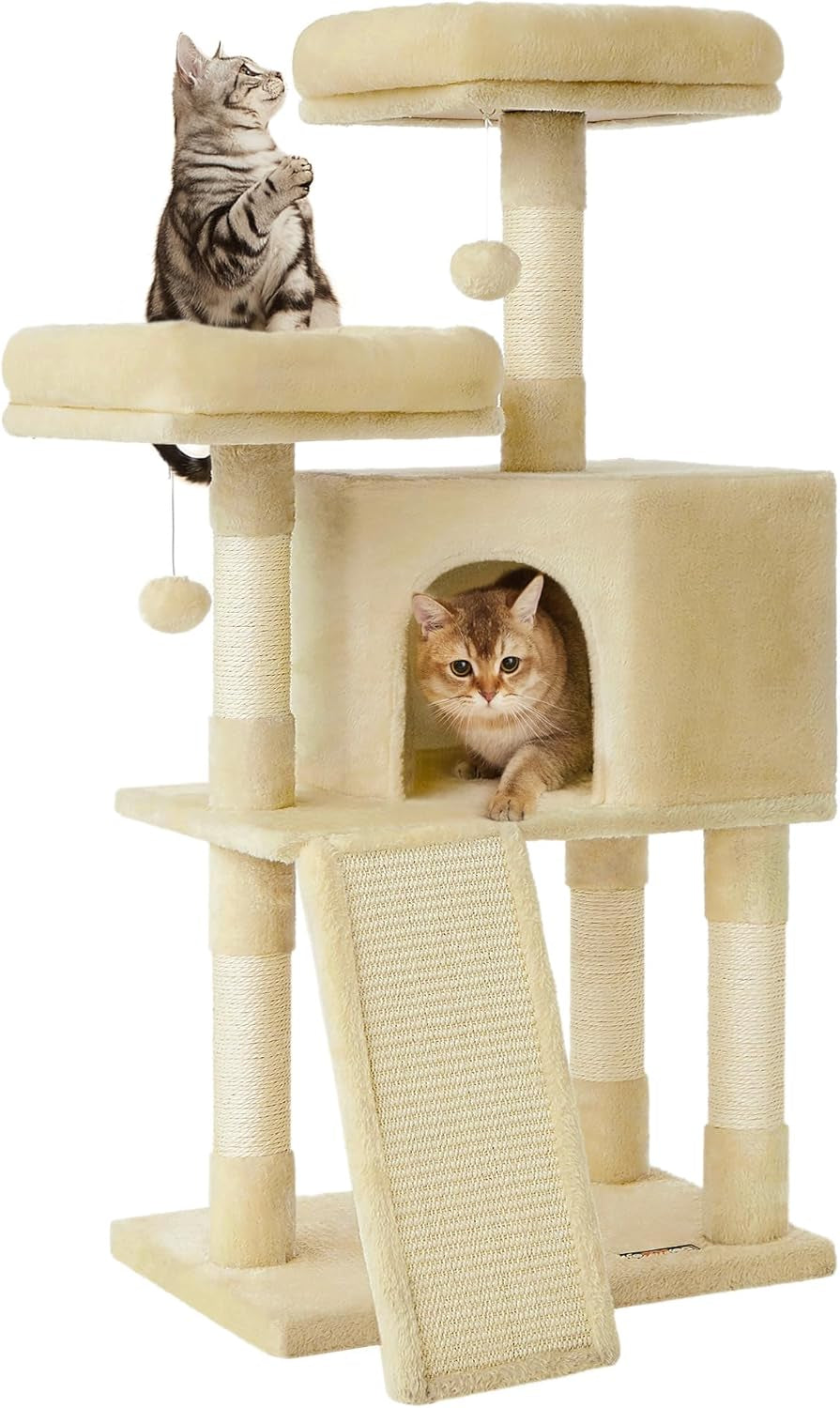 feandrea-cat-tree-45-3-inch-cat-tower-plush-condo-scratching-post-white-45-3-inch-cat-tower-plush-condo-with-scratching-post-ramp-perch-spacious-cave-cream-white