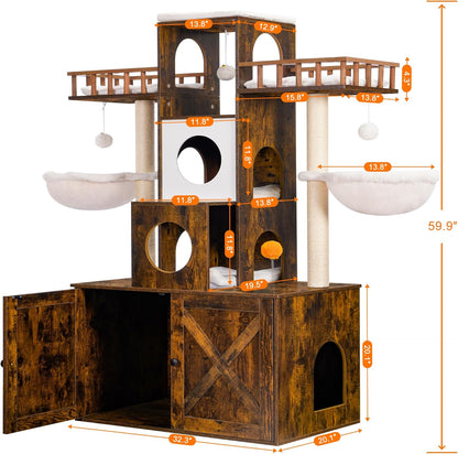 Heybly Cat Tree with Litter Box Enclosure for Indoor Big Cat, Cat Tower for Large Cats 20 Lbs Heavy Duty, Modern Cat Condo Furniture with Scratching Posts, Rustic Brown HCT110SR3