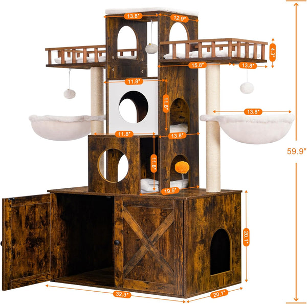 Heybly Cat Tree with Litter Box Enclosure for Indoor Big Cat, Cat Tower for Large Cats 20 Lbs Heavy Duty, Modern Cat Condo Furniture with Scratching Posts, Rustic Brown HCT110SR3