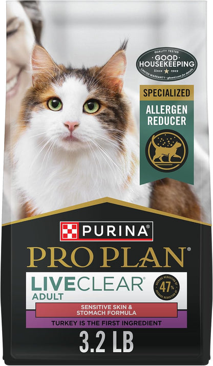 Purina Pro Plan Allergen Reducing, Sensitive Skin & Stomach, High Protein Cat Food, LIVECLEAR Turkey and Oatmeal Formula - 3.2 Lb. Bag1