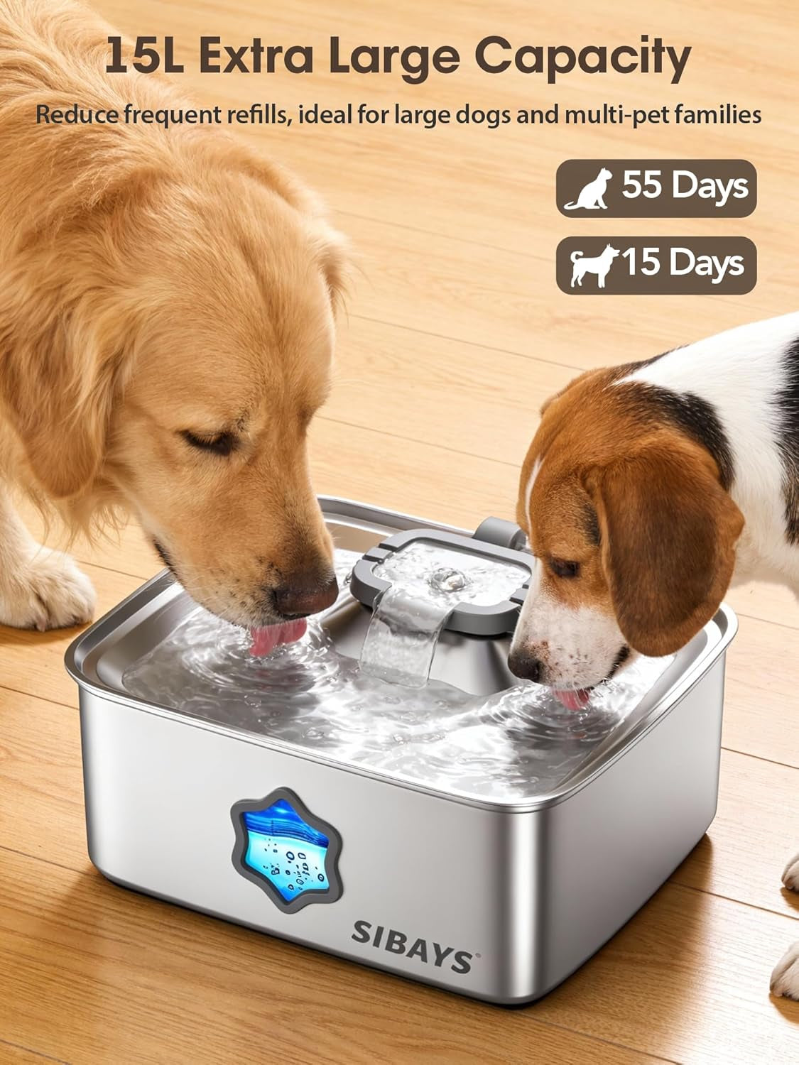 sibays-4gal-15l-dog-water-fountain-stainless-steel-pet-water-fountain-with-water-level-window-led-light-quiet-automatic-dog-water-bowl-dispenser-for-large-dogs-multi-pet-easy-to-clean-fs81
