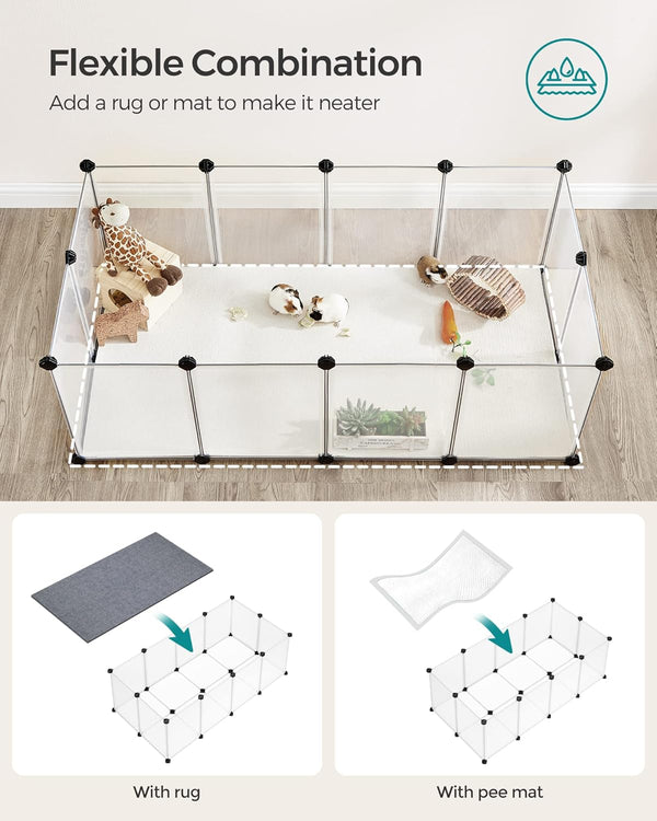 SONGMICS 20 Panels Pet Playpen with Floor, Small Animal Playpen, Pet Fence Indoor, DIY Plastic Enclosure for Guinea Pigs, Bunny, Hamsters, Hedgehogs, 49.2 X 24.8 X 16.5 Inches, White ULPC001W015