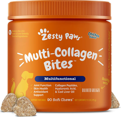 Zesty Paws Multi Collagen Soft Chews for Dogs - for Hip, Joint & Cartilage Support + Skin Health - with Collagen - plus Eggshell Membrane, Vitamin C & Hyaluronic Acid - 90 Count1