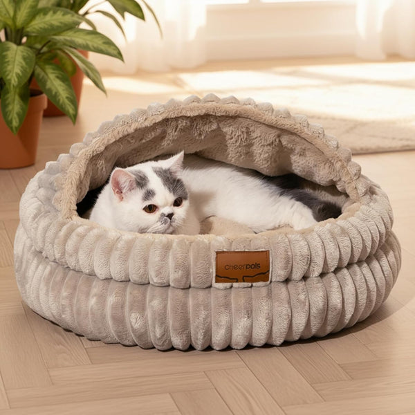 CHEERPALS Cat Cave Bed for Indoor Cats, Washable Covered Cat Bed Hooded Kitty Bed Soft Fluffy Pet Bed for Puppy and Small Dog(White)10