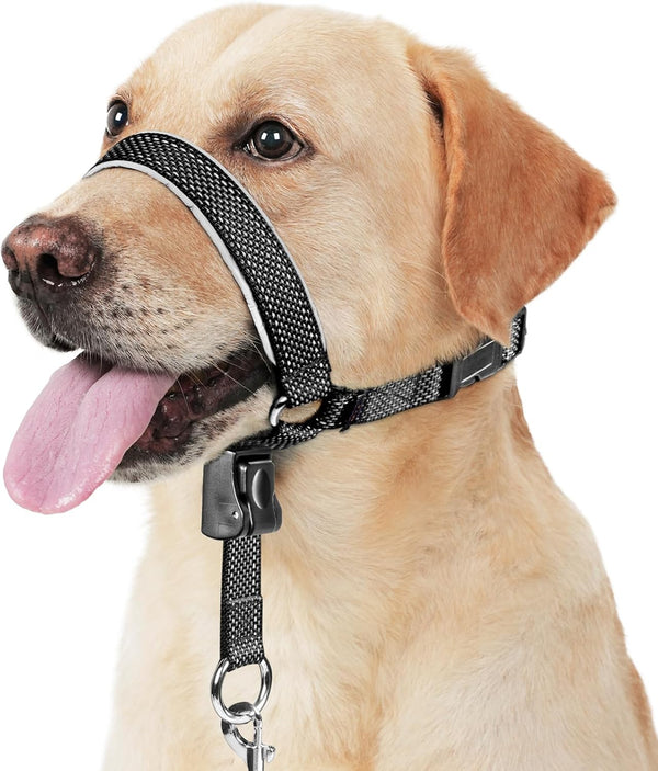 BARKLESS Dog Head Collar, Soft No Pull Head Halter with Safety Link | Reflective Muzzle Leash, Adjustable Headcollar, Padded Nose Leash for Large Medium Dogs Training Walking (Black, M)1