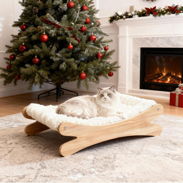 Plush Elevated Cat Bed - Cozy Raised Cat Hammock with Solid Wood Frame, Soft Furry Cushion for Indoor Cats & Small Dogs, Multi-Color Options(White)7