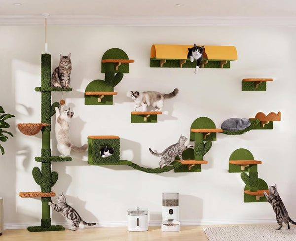 9-In-1 Cat Wall Shelves, Cat Wall Furniture Set with Bridge, Beige | Wall Mounted Cats Shelf for Space-Saving, Multi-Level Cat Climbing Systems for 16 Inch Drywall, with Scratching Posts, Condos23