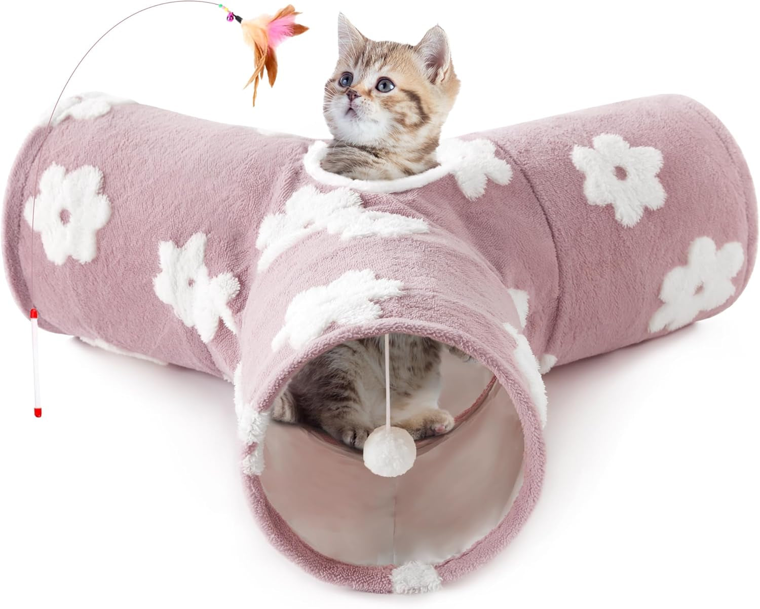 tempcore-pet-cat-tunnel-tube-toys-3-way-collapsible-tunnels-for-indoor-cats-interactive-tube-with-teaser-wand-peek-holes-hanging-ball-black-blue