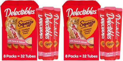 Delectables Squeeze up Creamy Squeezable Puree, Lickable Wet Cat Treats, Grain Free, No Added Fillers, No By-Products, No Added Preservatives, 0.5 Ounces Tuna & Salmon, 32 Tubes Total10