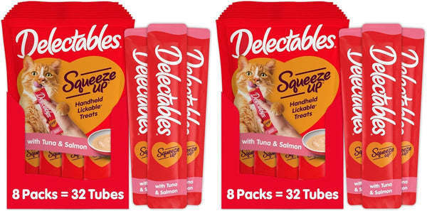 Delectables Squeeze up Creamy Squeezable Puree, Lickable Wet Cat Treats, Grain Free, No Added Fillers, No By-Products, No Added Preservatives, 0.5 Ounces Tuna & Salmon, 32 Tubes Total10